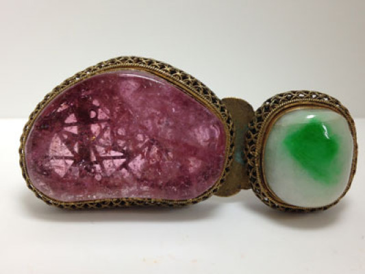 Qing Dynasty Buckle       Tourmaline and jadeite view two